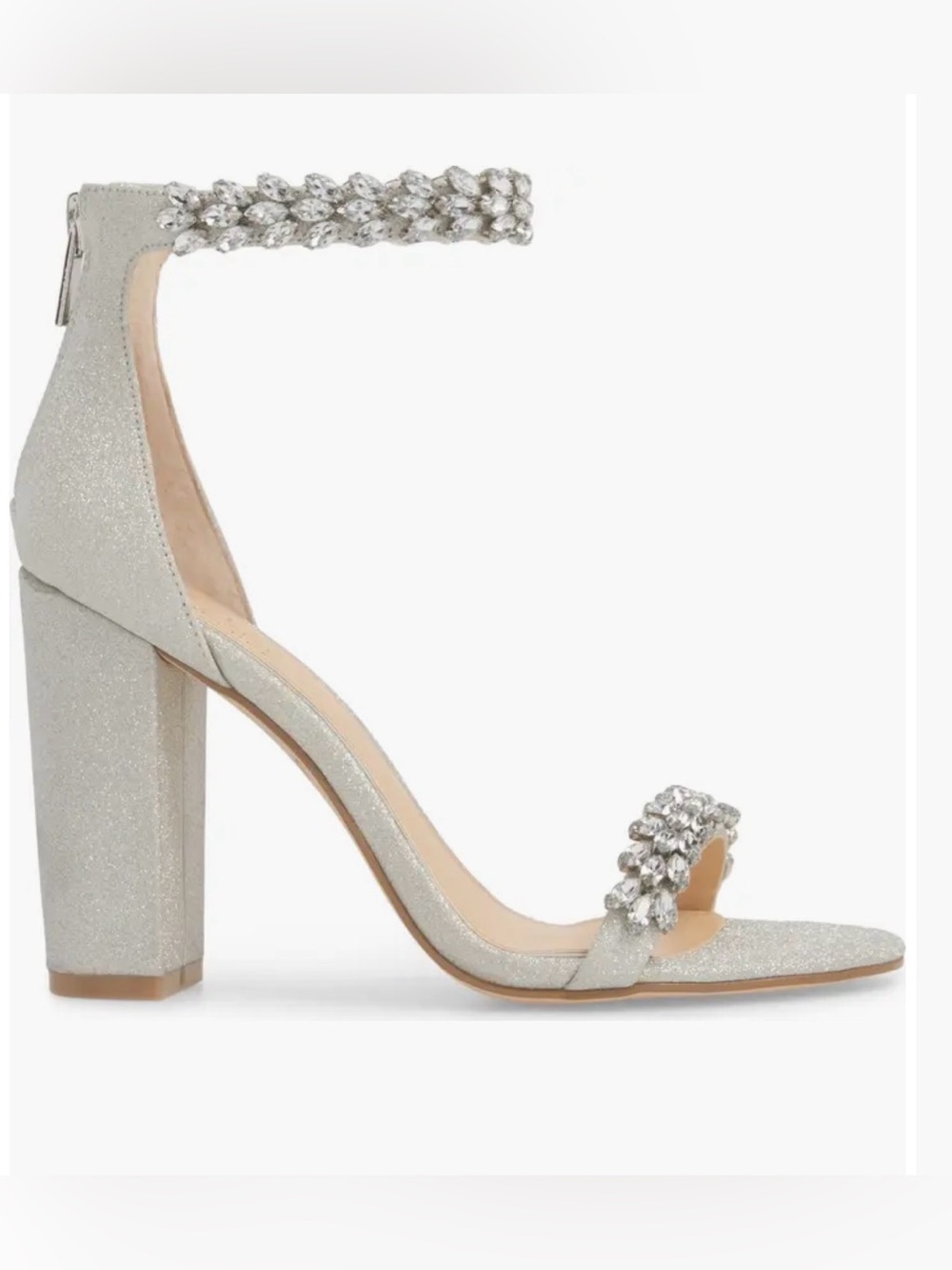 Jewel Badgley Mischka Silver Crystal Ankle-Strap Block Heels, Like New
